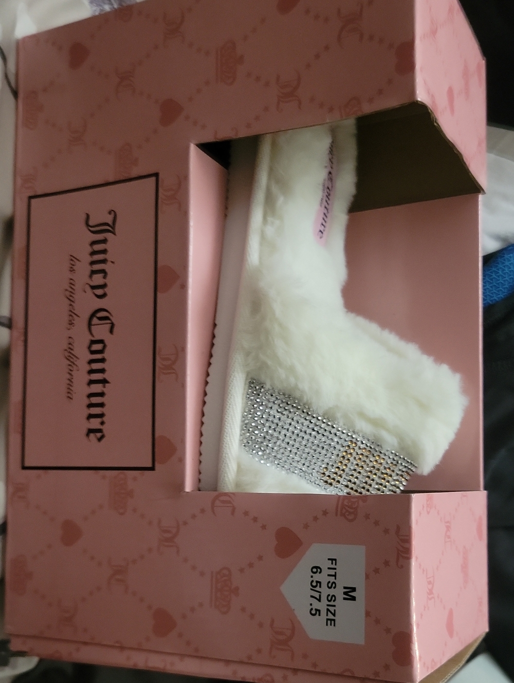 Juicy Couture White Fuzzy Slide with Rhinestone Strap
